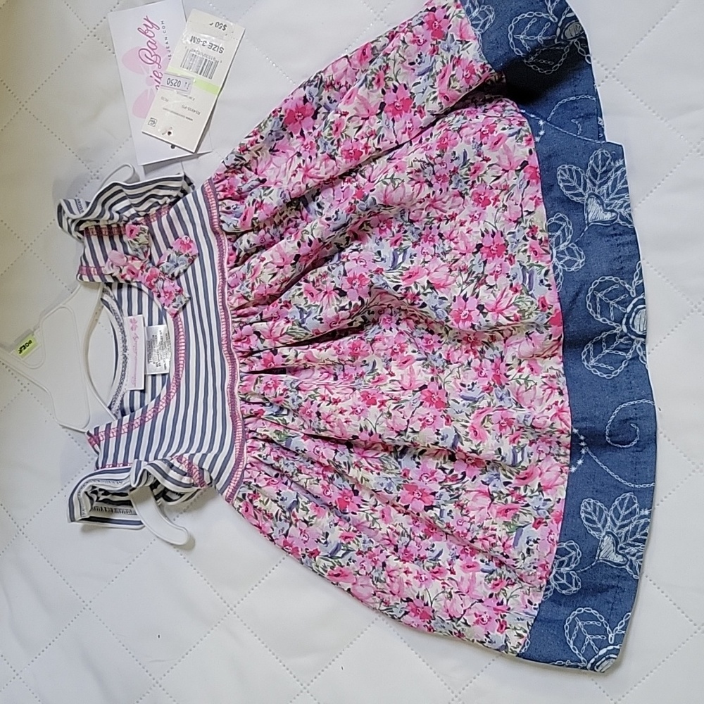 Bonnie Jean Dress Baby Girls Size 3-6M Pink Blue Floral Print Bow Cap Sleeves